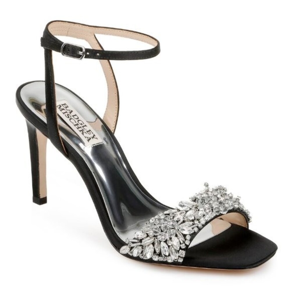 Badgley Mischka Size 6 Rider Black Satin Jeweled Dress Sandals Heels Shoes